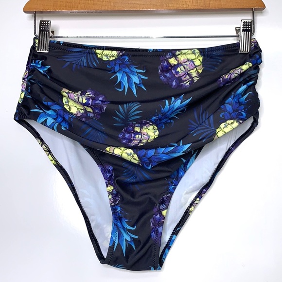 NEW TEMPT ME Black Pineapple High Rise Waisted Swim Bikini Bottom Size Medium - Picture 2 of 7